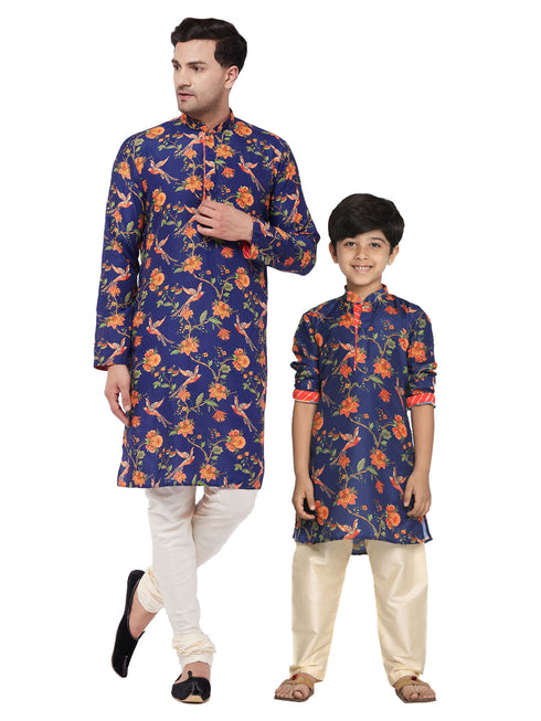 Vastramay Multicolor-Base-Blue And Cream Baap Beta Kurta Pyjama Set